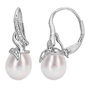 9-9.5 mm Cultured Freshwater Pearl and Diamond Twist Drop Earrings in Sterling Silver