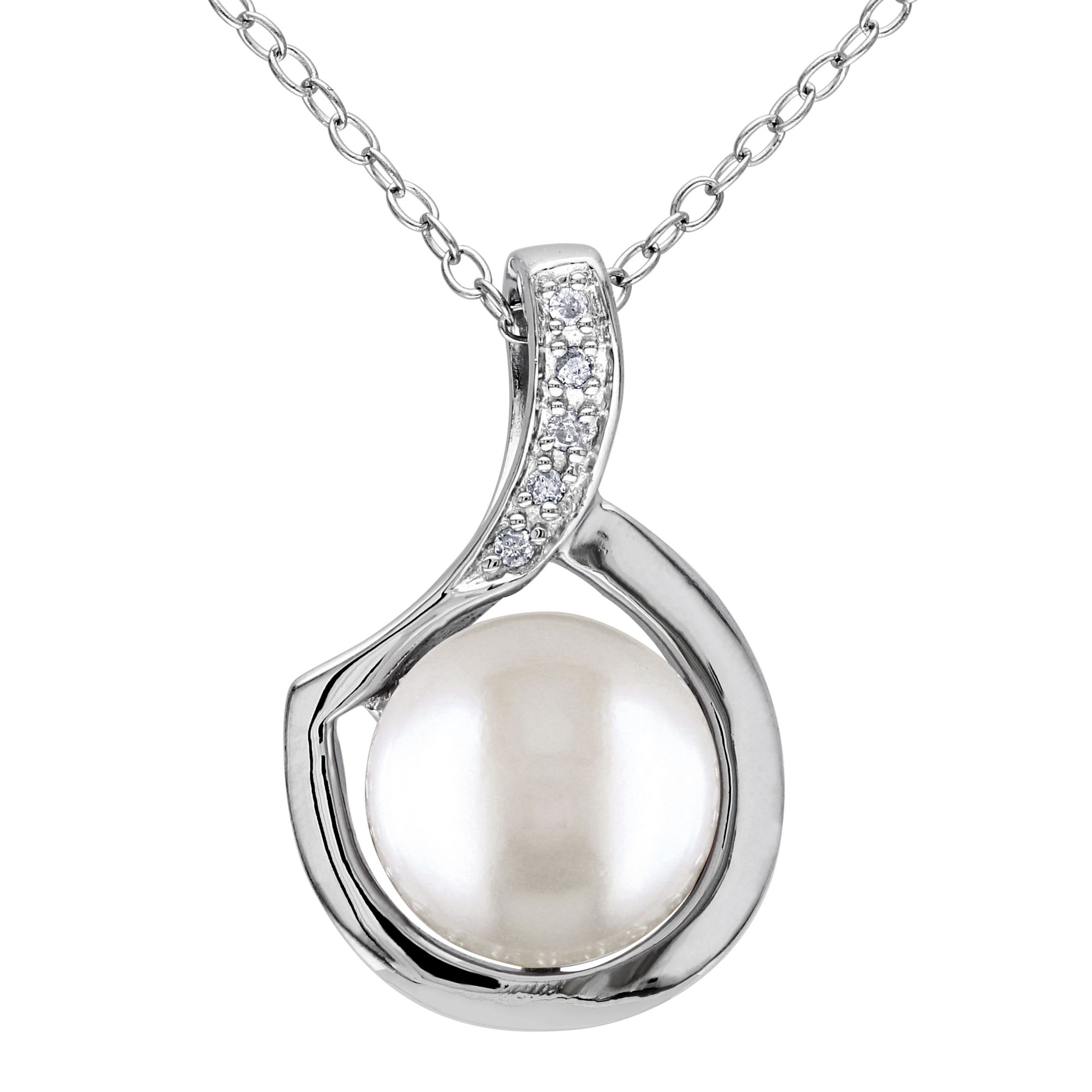 9-9.5 mm Cultured Freshwater Pearl and Diamond Necklace in Sterling Silver