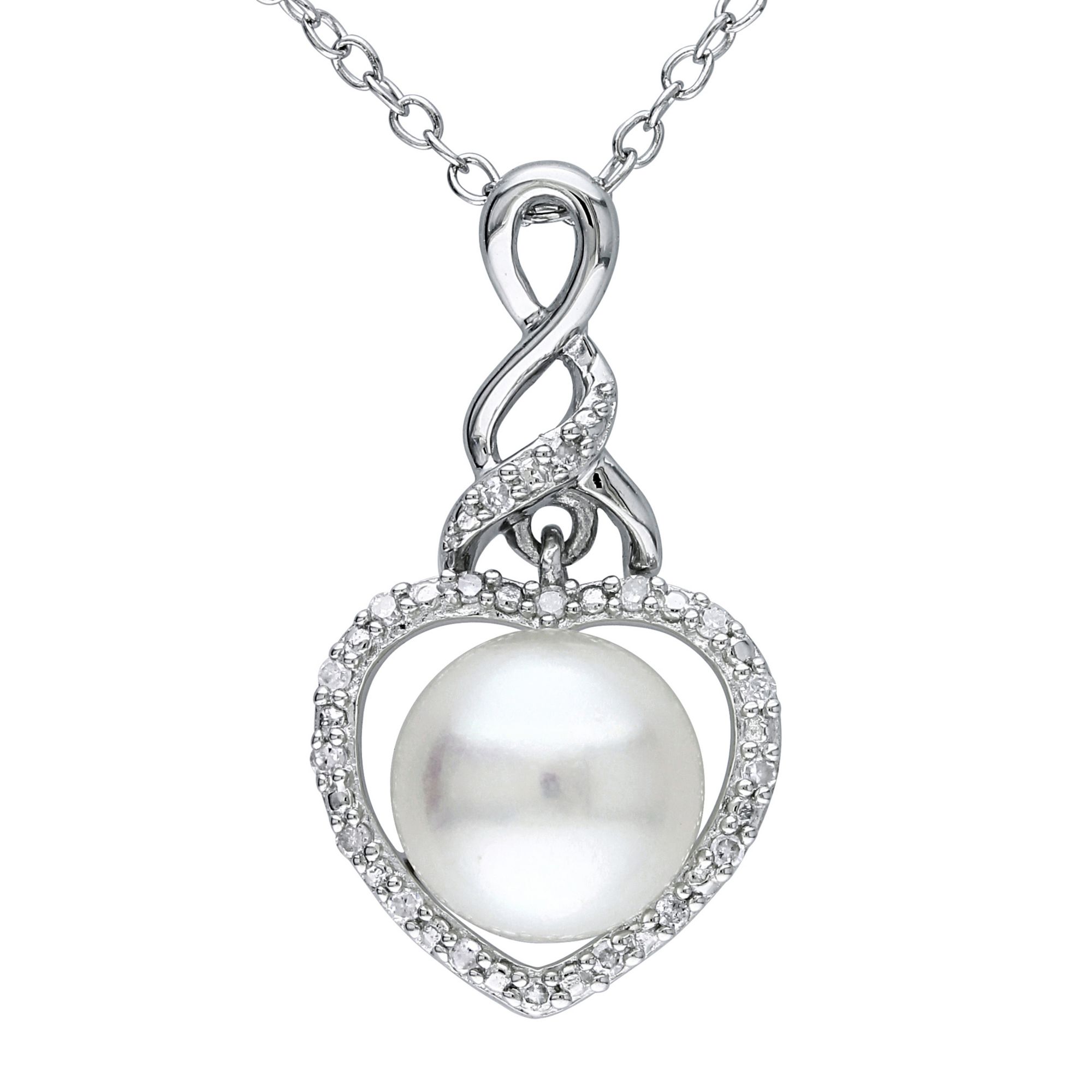 8-8.5 mm Cultured Freshwater Pearl and Diamond Heart Necklace in Sterling Silver