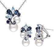 Cultured Freshwater Pearl Topaz and Sapphire Cluster Earrings and Necklace 2 pc. Set in Sterling Silver