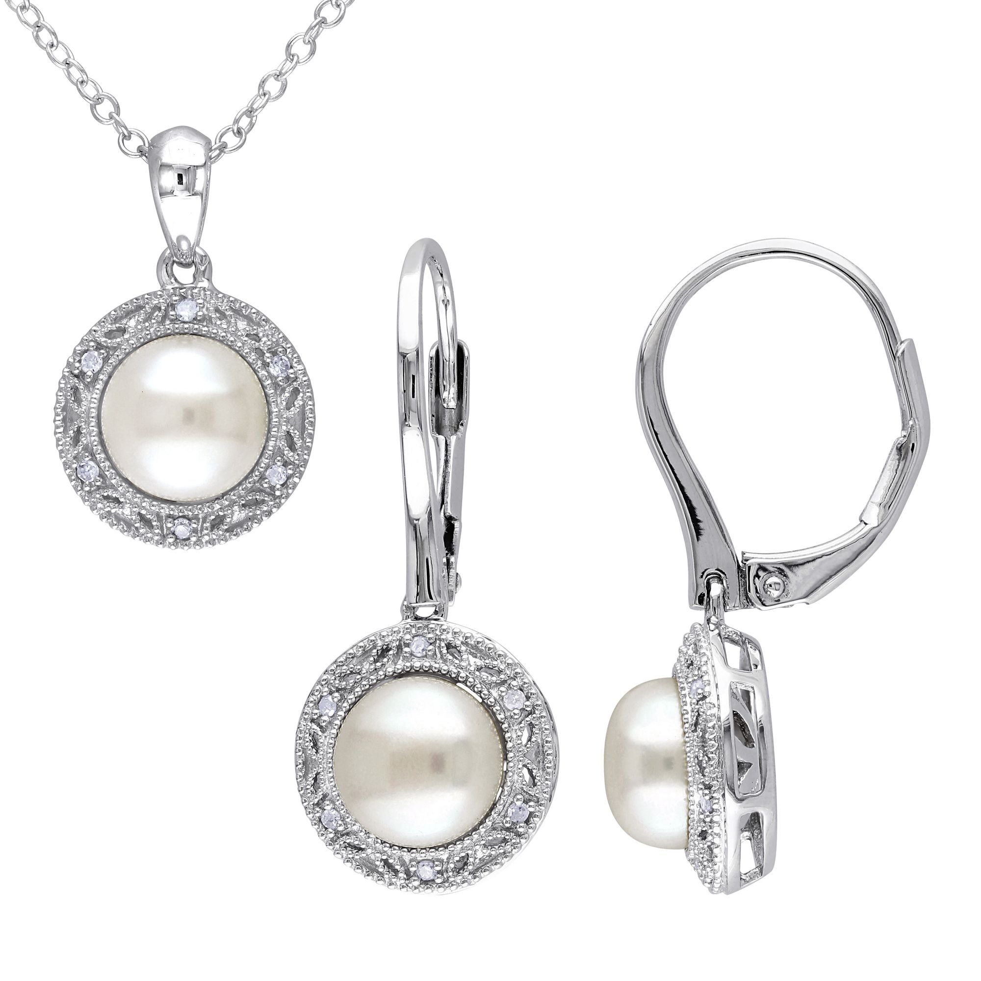 7.5-8mm Cultured Freshwater Pearl and .1 ct. t.w. Diamond Halo Earrings and Necklace 2 pc. Set in Sterling Silver