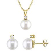 8-8.5mm Cultured Freshwater Pearl and .16 ct. t.w. Diamond Stud Earrings and Necklace 2 pc. Set in 14k Yellow Gold