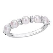 3.5-4 mm Cultured Freshwater Pearl and White Topaz Semi Eternity Ring in Sterling Silver - Size 7