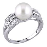 9-9.5 mm Cultured Freshwater Pearl and Diamond Split Shank Ring in Sterling Silver - Size 6