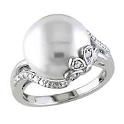 12-12.5 mm Cultured Freshwater Pearl and Diamond Ring in Sterling Silver - Size 10