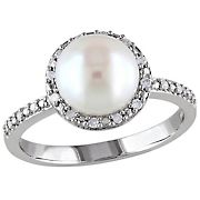 8-8.5 mm Cultured Freshwater Pearl and .1 ct. t.w. Diamond Halo Ring in Sterling Silver - Size 6