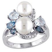6.5-8 mm Cultured Freshwater Pearl Blue Topaz and Created White Sapphire Cluster Ring in Sterling Silver - Size 9