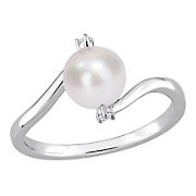 7-7.5 mm Freshwater Cultured Pearl and Created White Sapphire Bypass Ring in Sterling Silver - Size 7