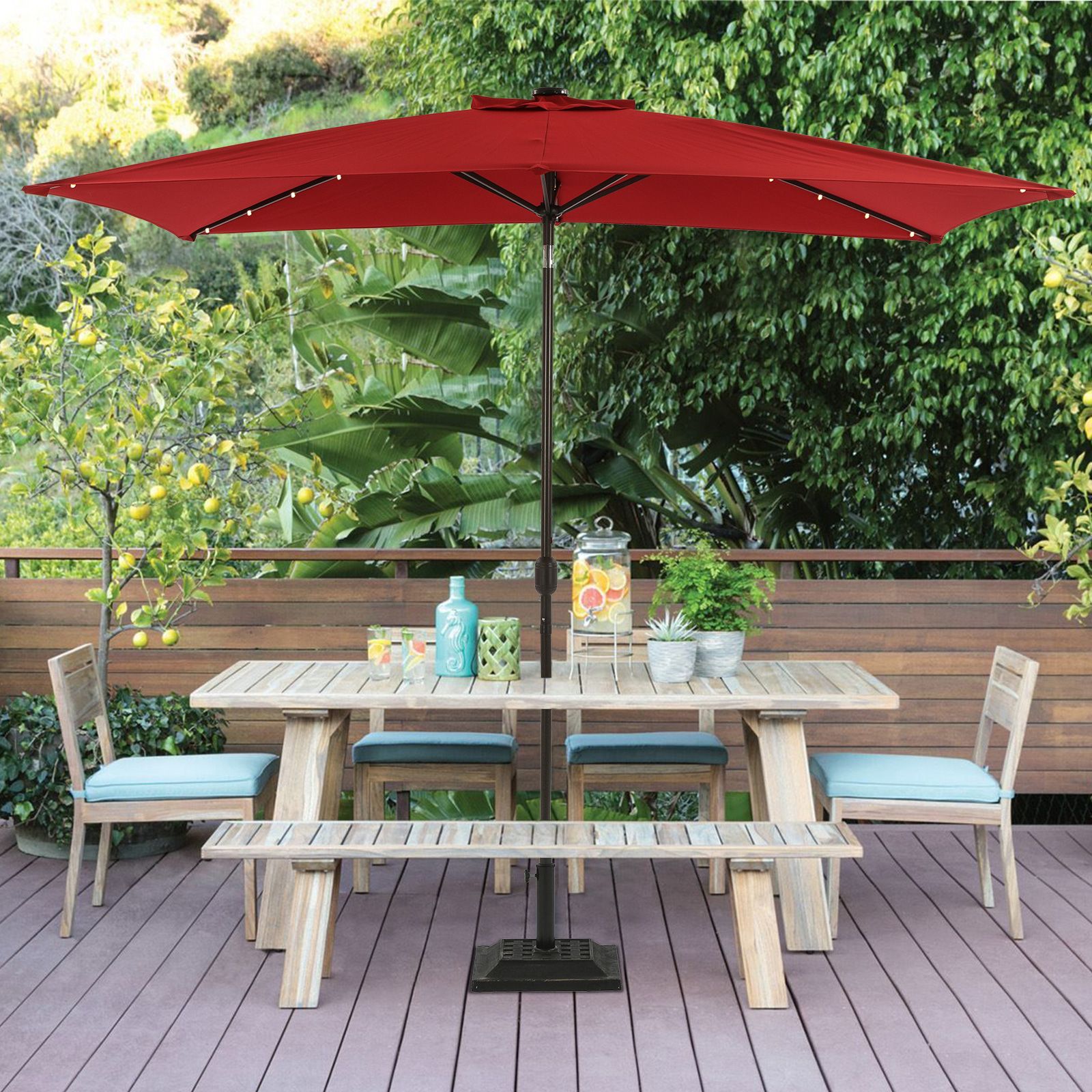 MISSBRELLA 10' x 6.5' 26-LED Lighted Market Solar Patio Rectangular Table Umbrella - Red