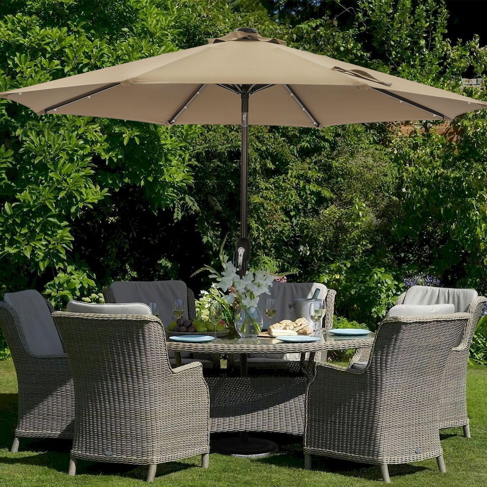 MISSBRELLA 9' 32-LED Lighted Market Solar Patio Table Aluminum Umbrella - Brown