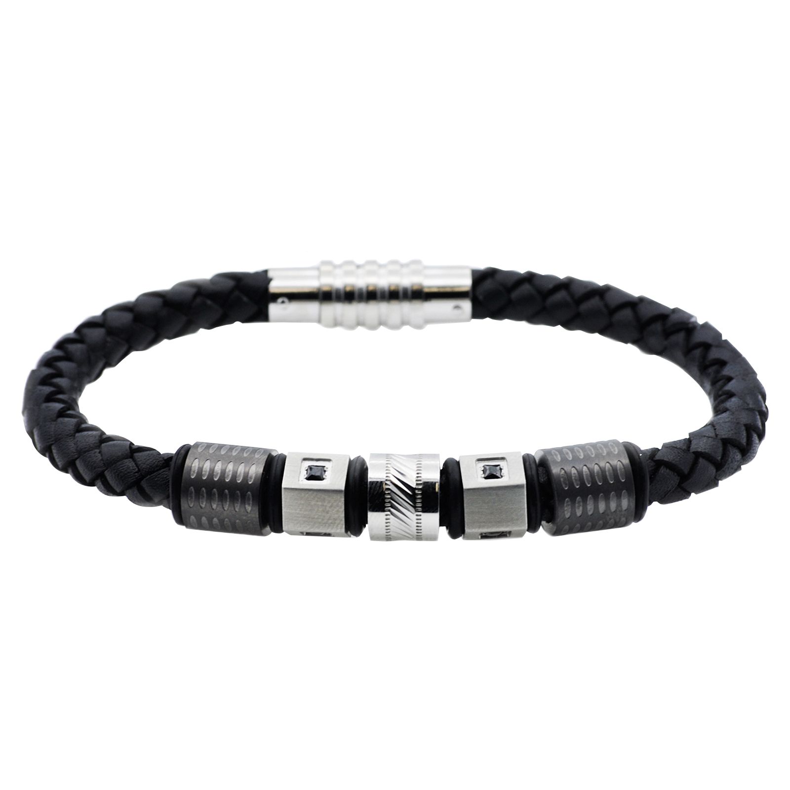 Stainless Steel Cubic Zirconia Bracelet in Black Leather