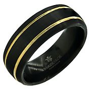 Men's Gold Etched Double Stripe Ring in Tungsten, Size 13