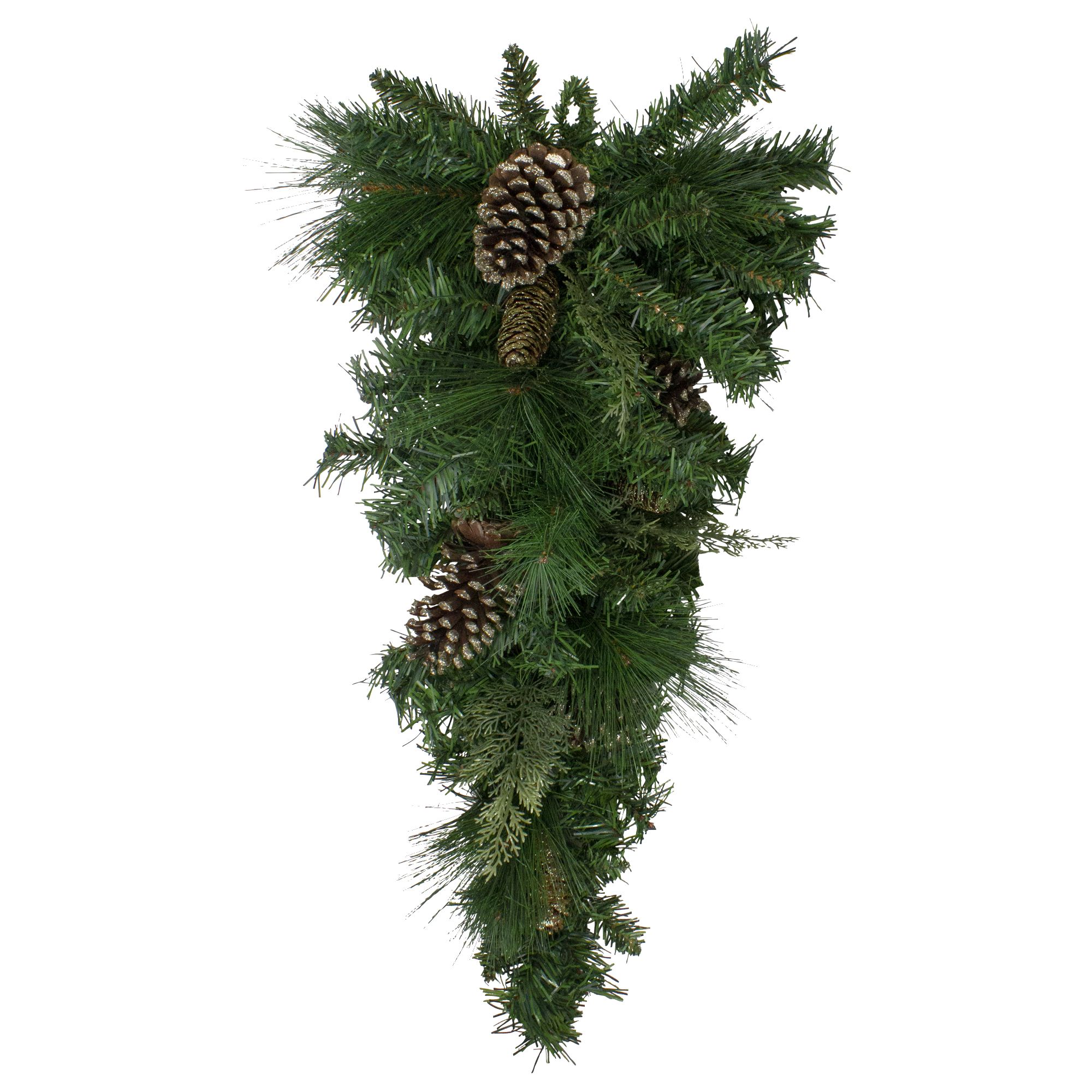 Northlight 28&quot; Artificial Mixed Pine with Pine Cones and Gold Glitter Christmas Teardrop Swag - Unlit