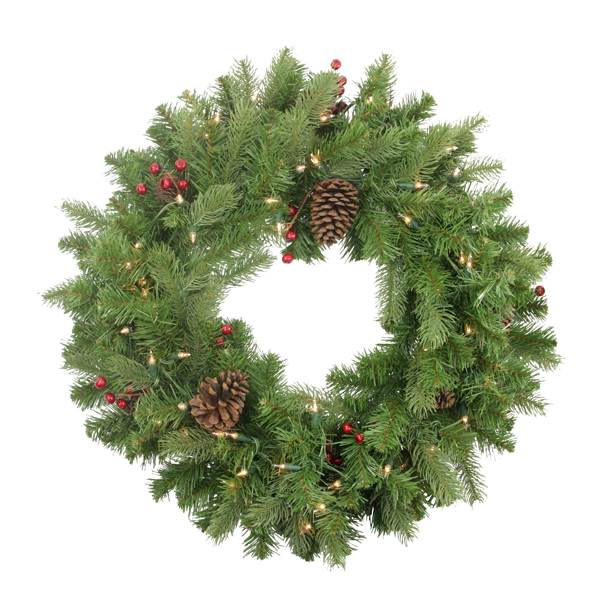 Northlight 24&quot; Pre-lit Noble Fir with Red Berries and Pine Cones Artificial Christmas Wreath - Clear Lights