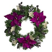 Northlight 24&quot; Purple Poinsettia and Silver Pine Cone Artificial Christmas Wreath - Unlit