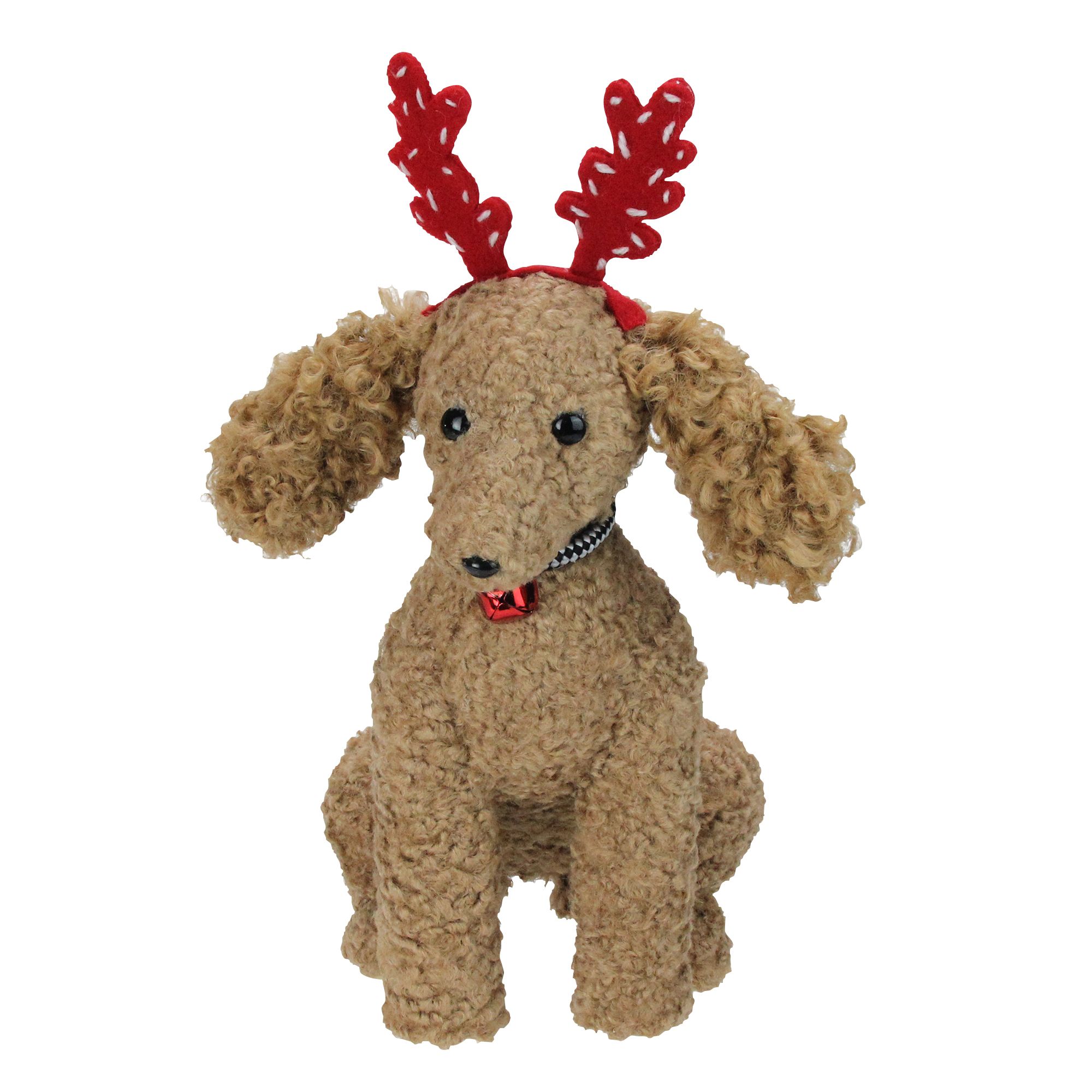 Northlight 14.5&quot; Plush Tan Bichon Frise Puppy Dog with Red Antlers Christmas Decoration