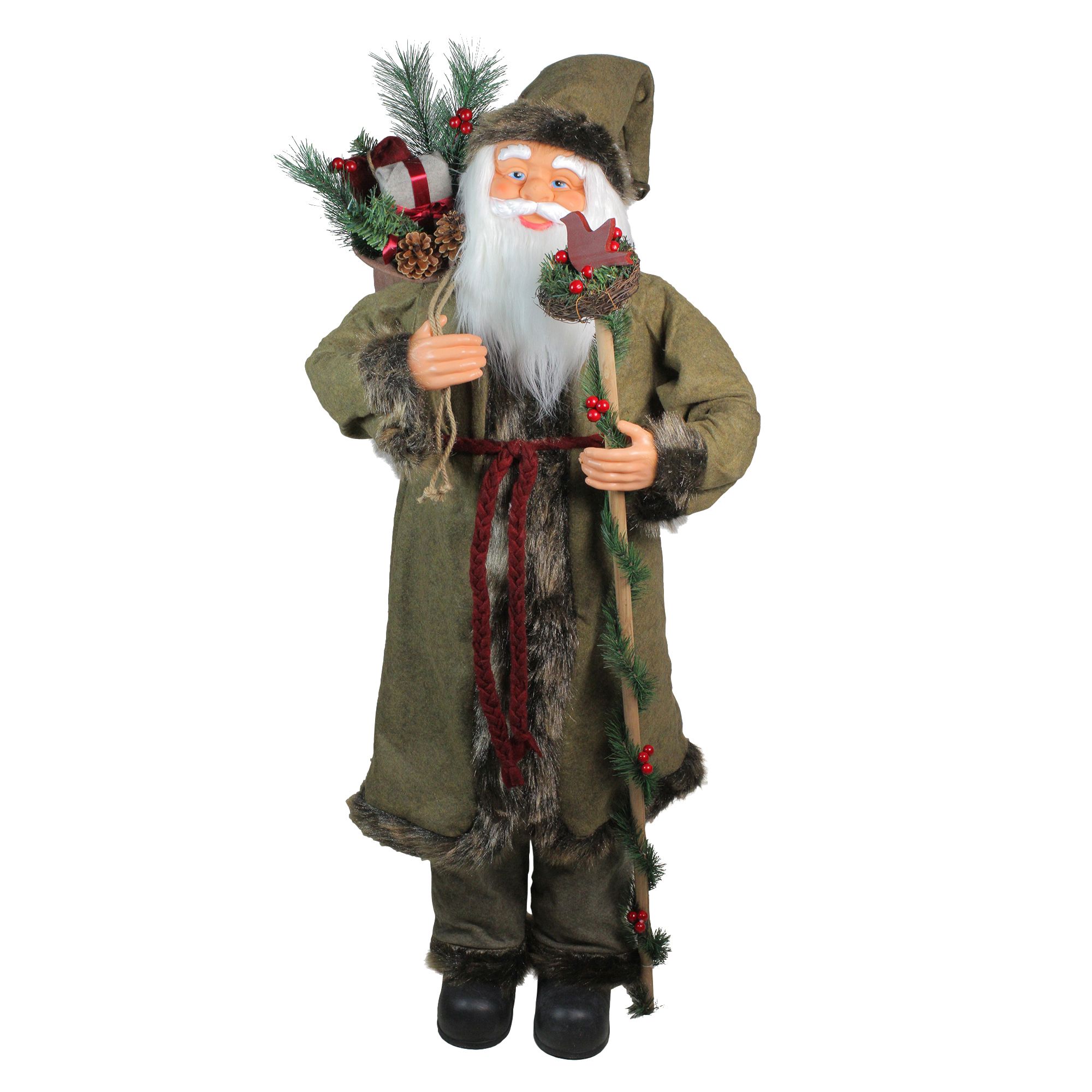 Northlight 51" Standing Santa Claus with Gift Bag Christmas Figurine - Olive Green and Burgundy Red, 21"L x 20"W x 51"H