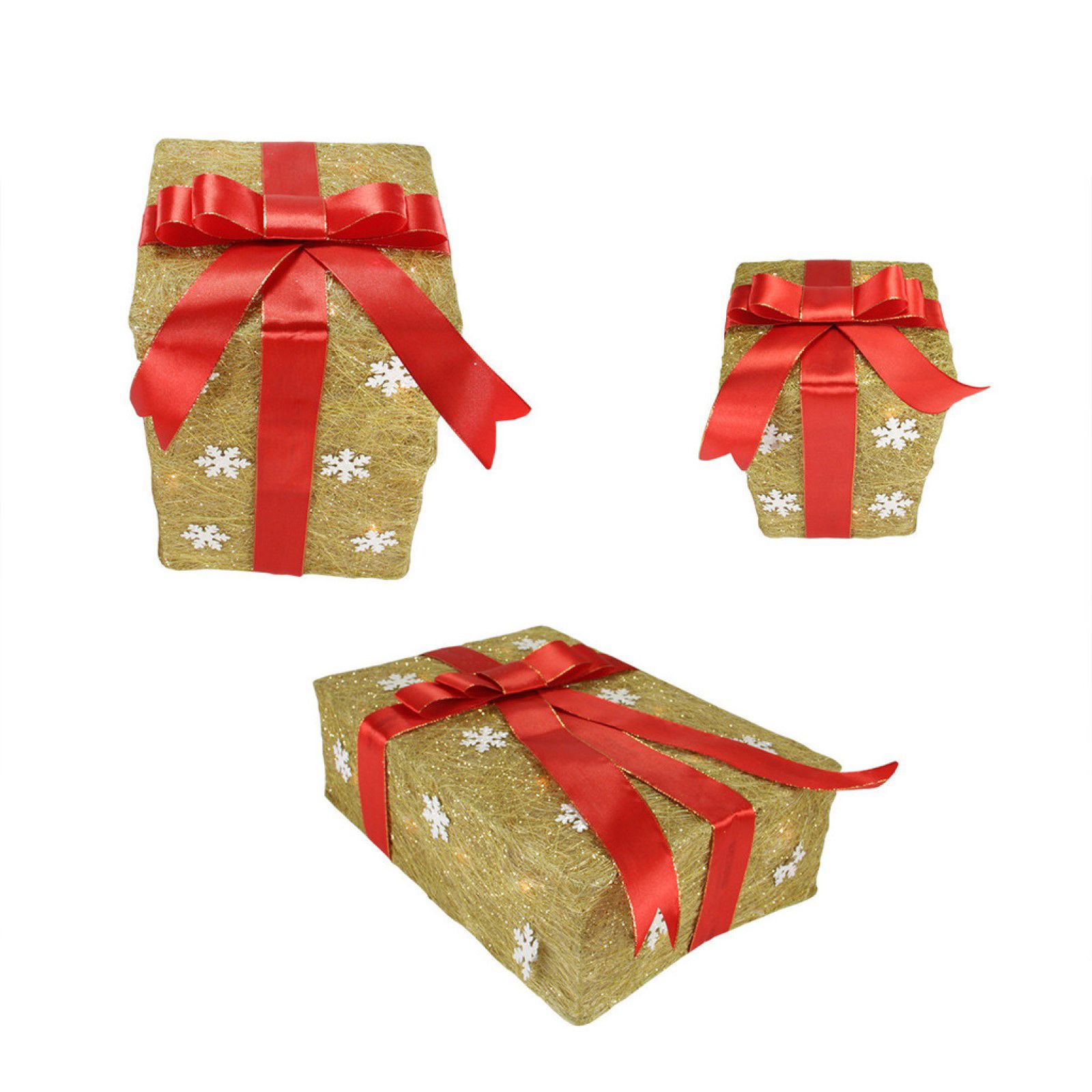 Northlight 3-Pc. 13&quot; Pre-Lit Snowflake Gift Box Outdoor Christmas Yard Art Decor - Gold and Red
