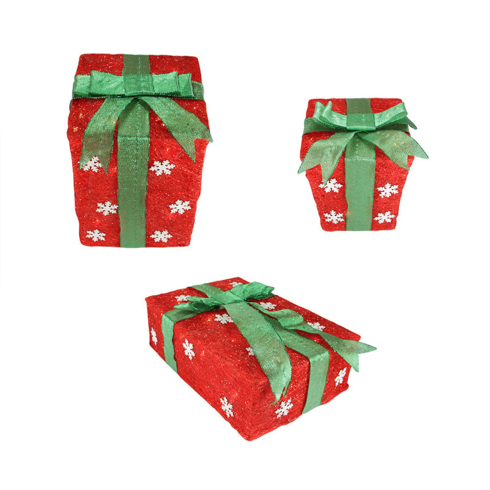 Northlight 3-Pc. 13&quot; Pre-Lit Snowflake Gift Boxes Christmas Outdoor Decor - Red and Green