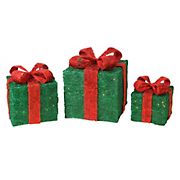 Northlight 3-Pc. 10&quot; Pre-lit Sisal Gift Boxes with Bows Outdoor Christmas Decor - Green and Red