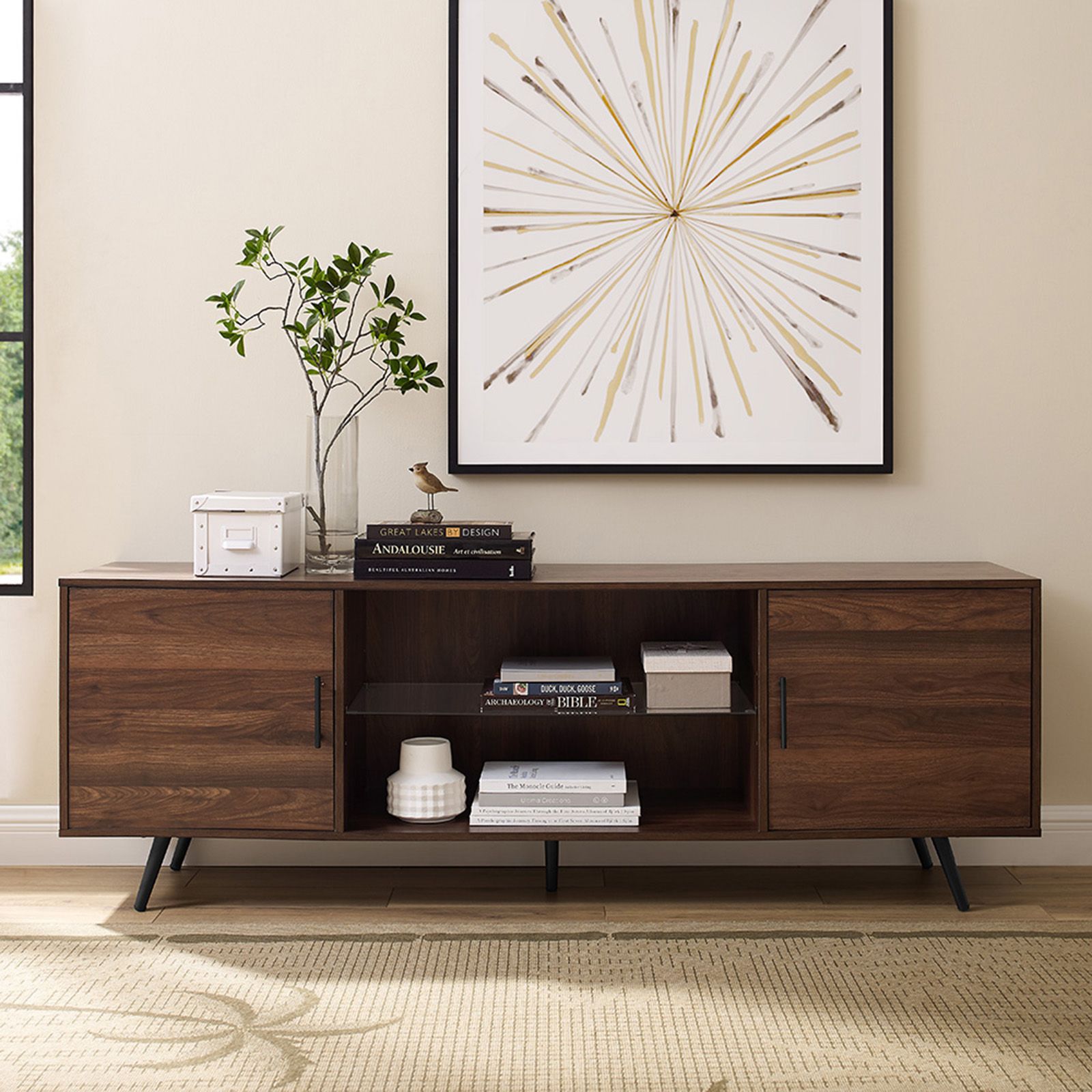 W. Trends 70&quot; Nora Mid Century Modern Glass Shelf 2-Door TV Stand for TVs Up to 80&quot; - Dark Walnut