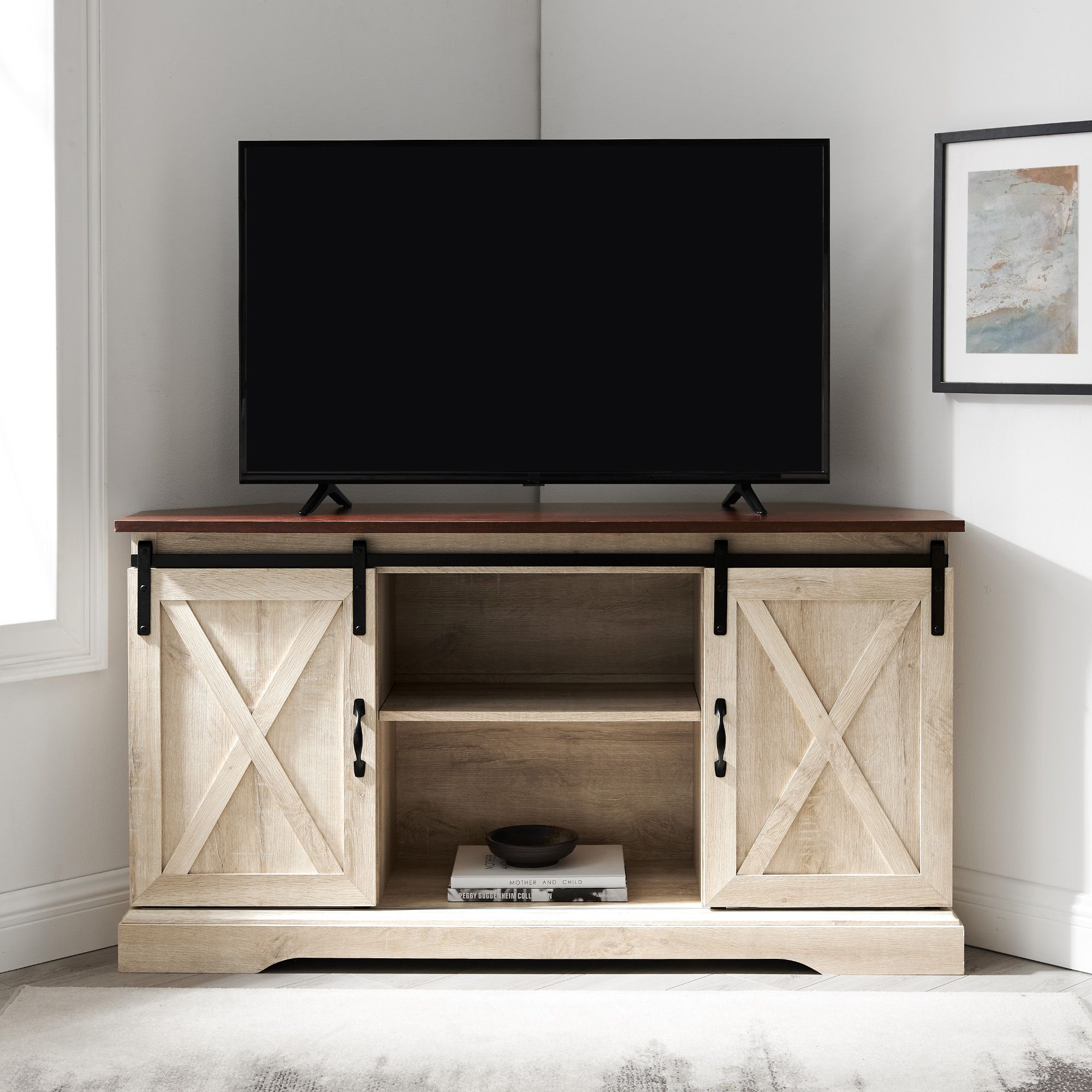 W. Trends 52&quot; Sliding Barn Door Corner TV Stand for TVs Up to 58&quot; - Traditional Brown/White Oak