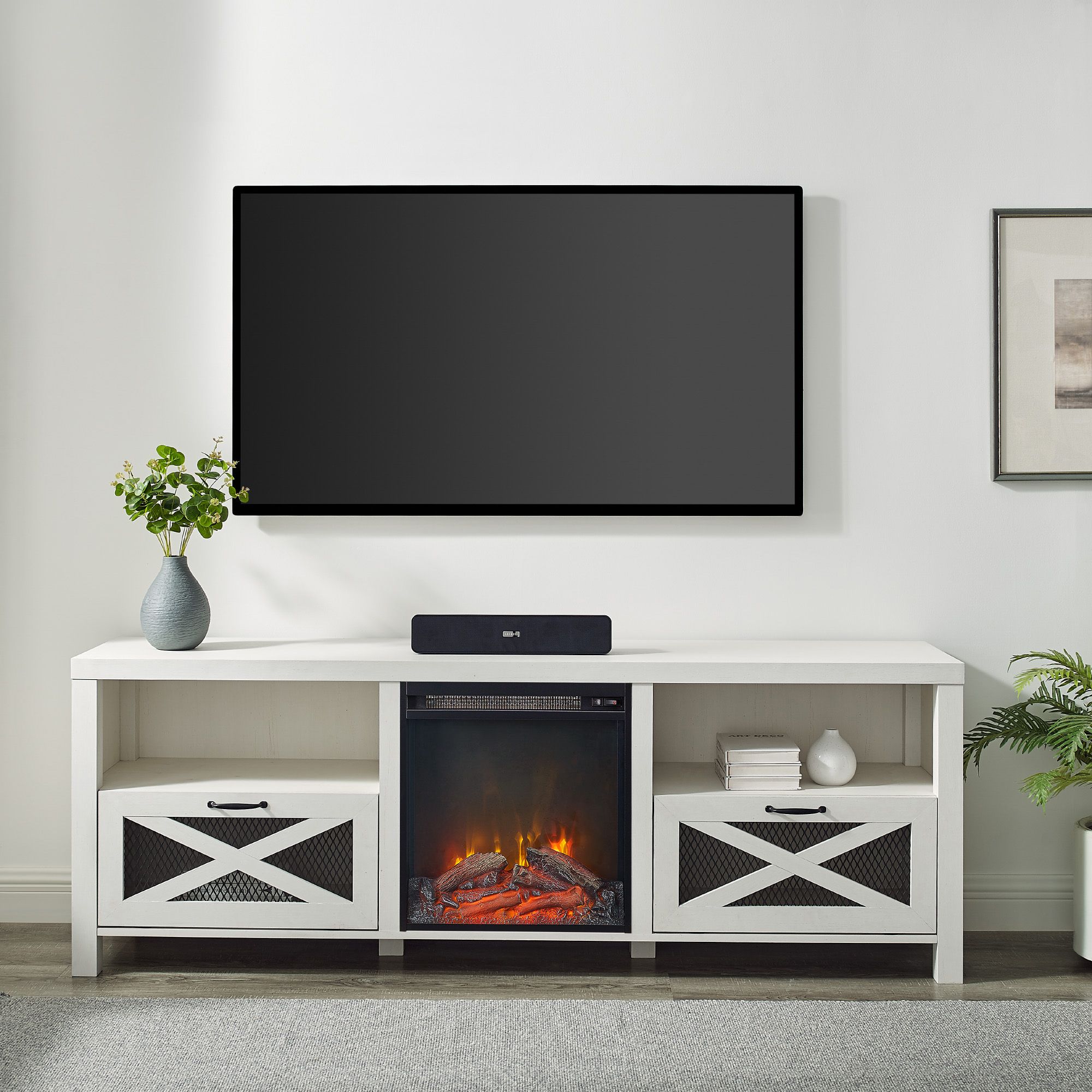 W. Trends Farmhouse Drop Door Electric Fireplace TV Stand for TVs up to 80&quot; - Brushed White