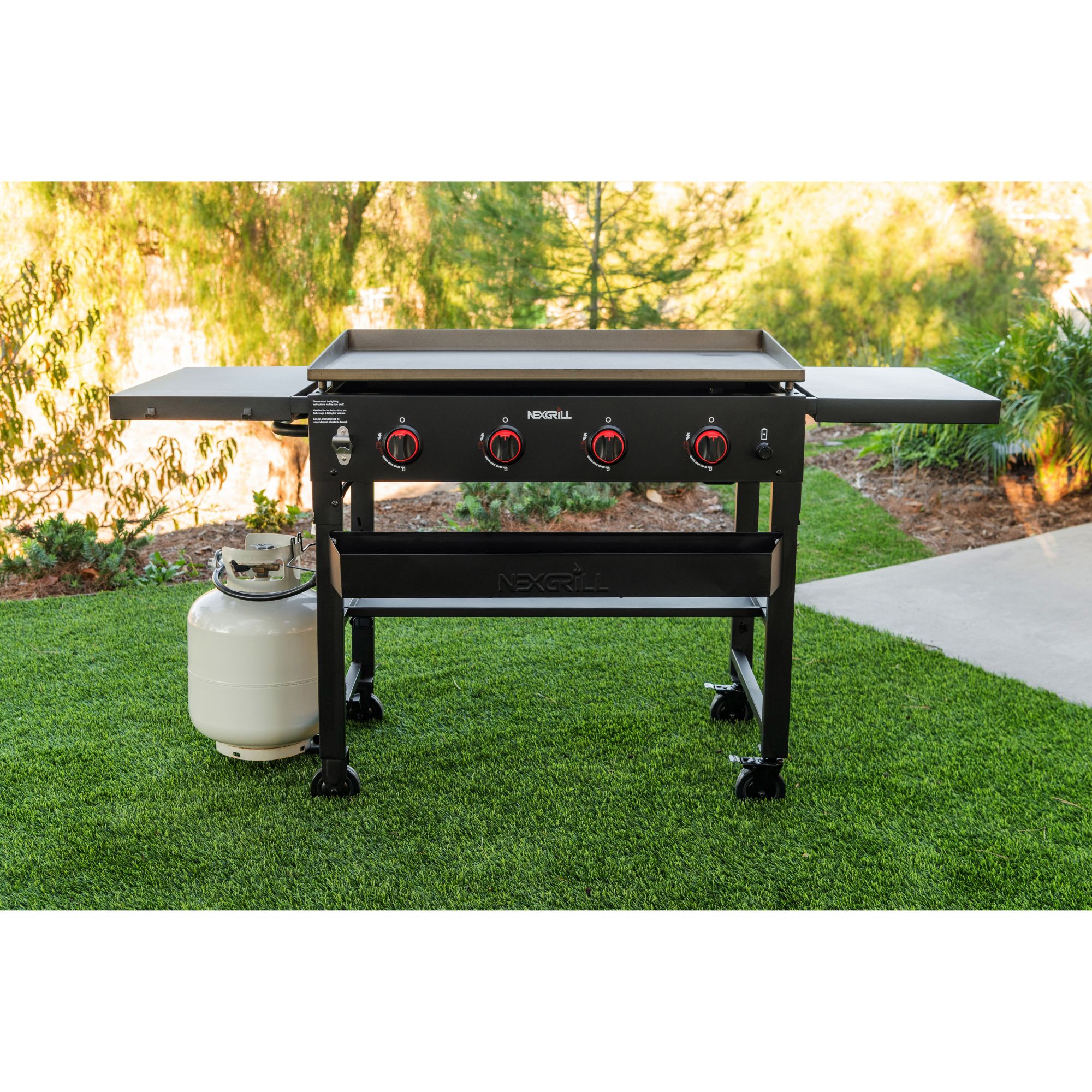 Nexgrill 36&quot; 4-Burner Gas Griddle Top Grill with Grill Cover, Condiment Rack and Bottle Opener