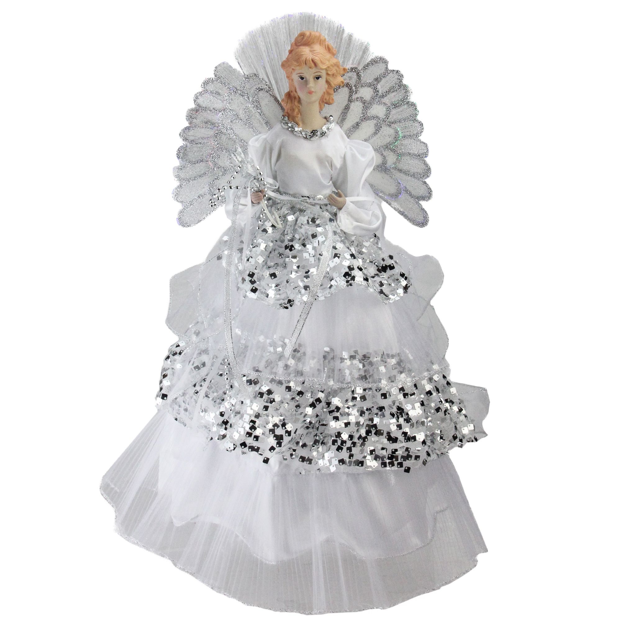 Northlight 16&quot; Lighted Fiber-Optic Angel Sequined Gown Christmas Tree Topper - White and Silver