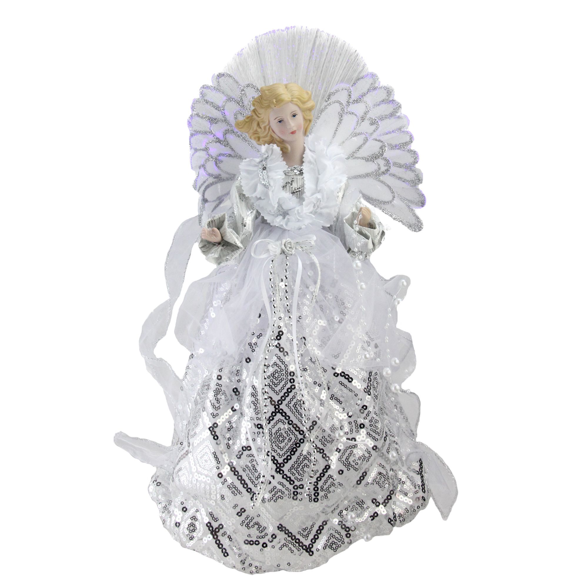 Northlight 16&quot; Lighted Angel Sequined Gown Christmas Tree Topper - White and Silver