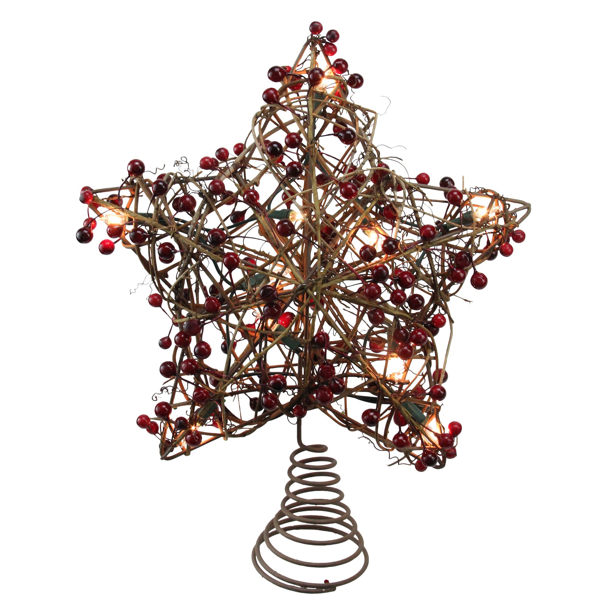 Northlight 13.5&quot; Brown Rattan with Red Berries Star Christmas Tree Topper - Clear Lights