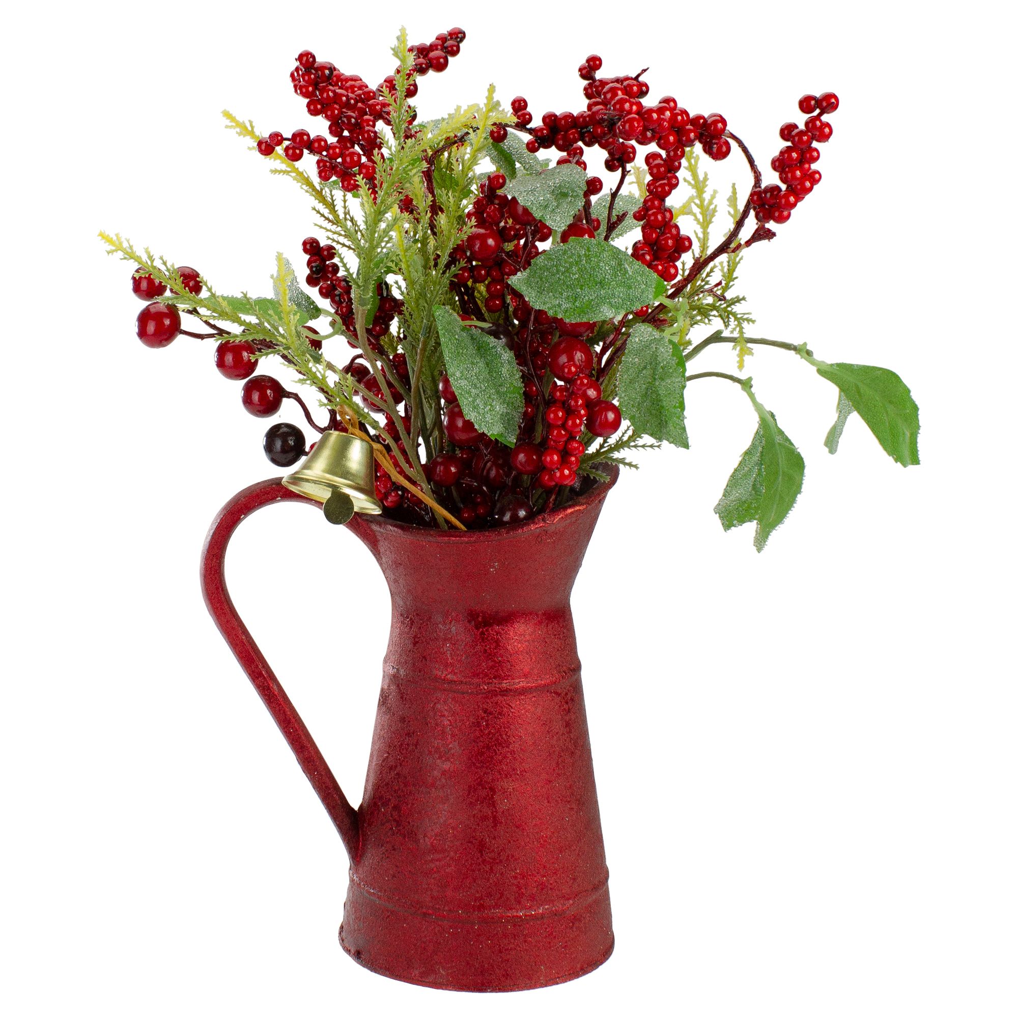 Northlight 13&quot; Foliage with Bell in Vintage Milk Jug Christmas Decoration - Red and Green