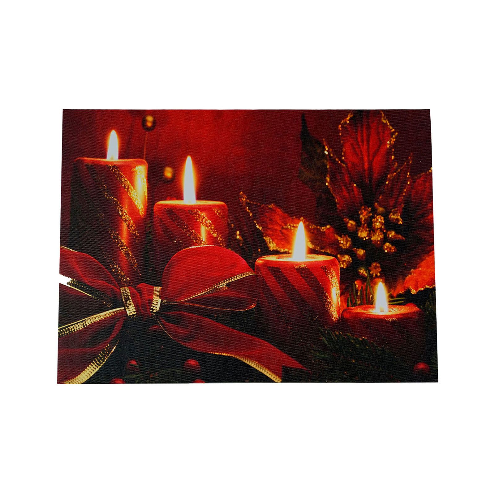Northlight Red Glitter Striped Candles with Poinsettia and Bow Christmas Wall Art - LED Lighted