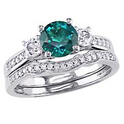 1.12 ct. t.w. Created Emerald Created White Sapphire and Diamond 3-Stone Bridal Set in 10k White Gold - Size 5