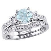 1 ct. t.w. Aquamarine Created White Sapphire and Diamond 3-Stone Bridal Set in 10k White Gold - Size 7