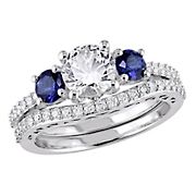 0.33 ct. t.w. Created White and Blue Sapphire Diamond 3-Stone Bridal Set in 10k White Gold - Size 5