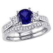 0.14  ct. t.w. Created Blue and White Sapphire Diamond 3-Stone Bridal Set in 10k White Gold - Size 9