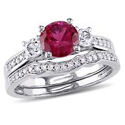 1.33 ct. t.w. Created Ruby Created White Sapphire and Diamond 3-Stone Bridal Set in 10k White Gold - Size 9