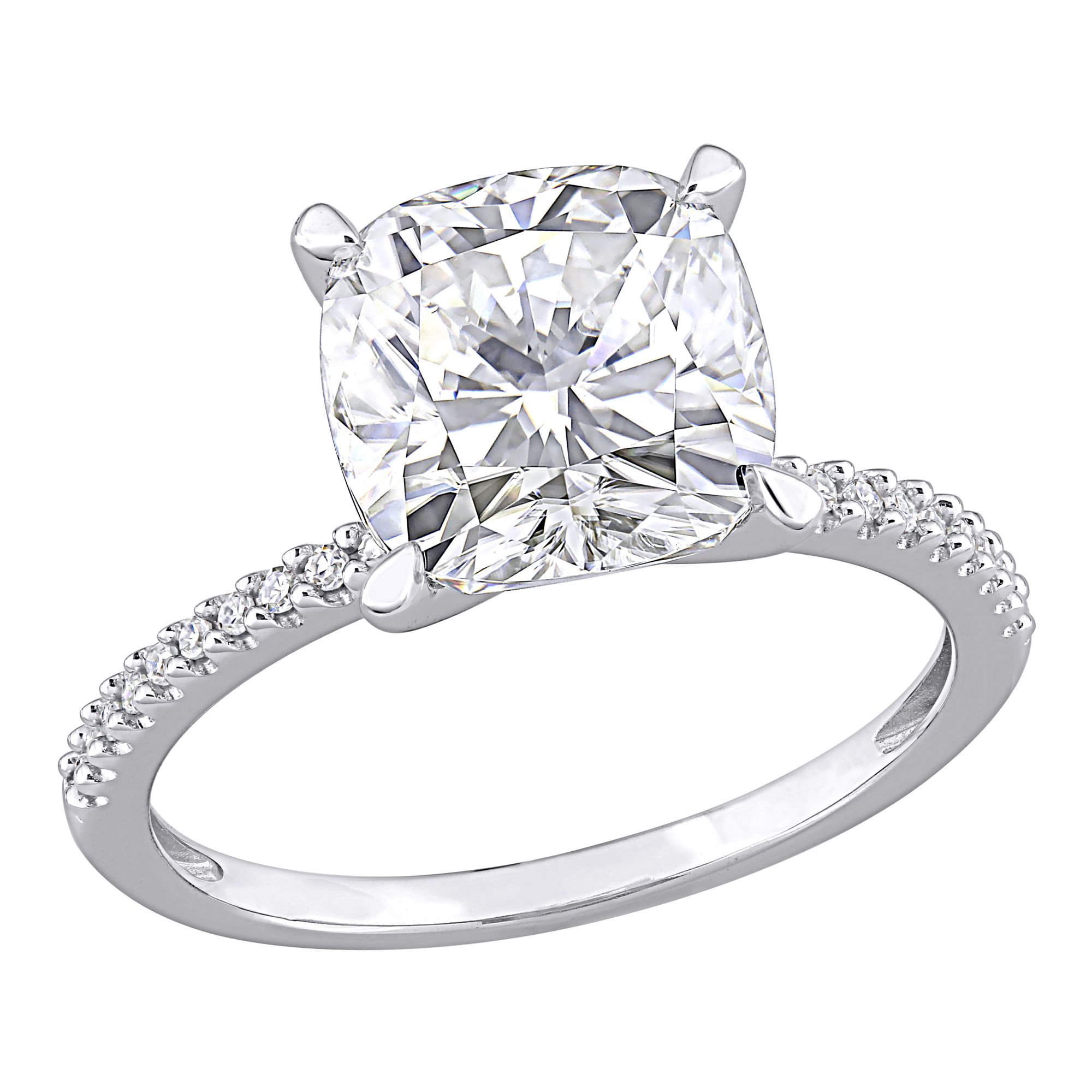 3.5 ct. DEW Created Moissanite and .1 ct. t.w. Diamond Engagement Ring in 14k White Gold - Size 8