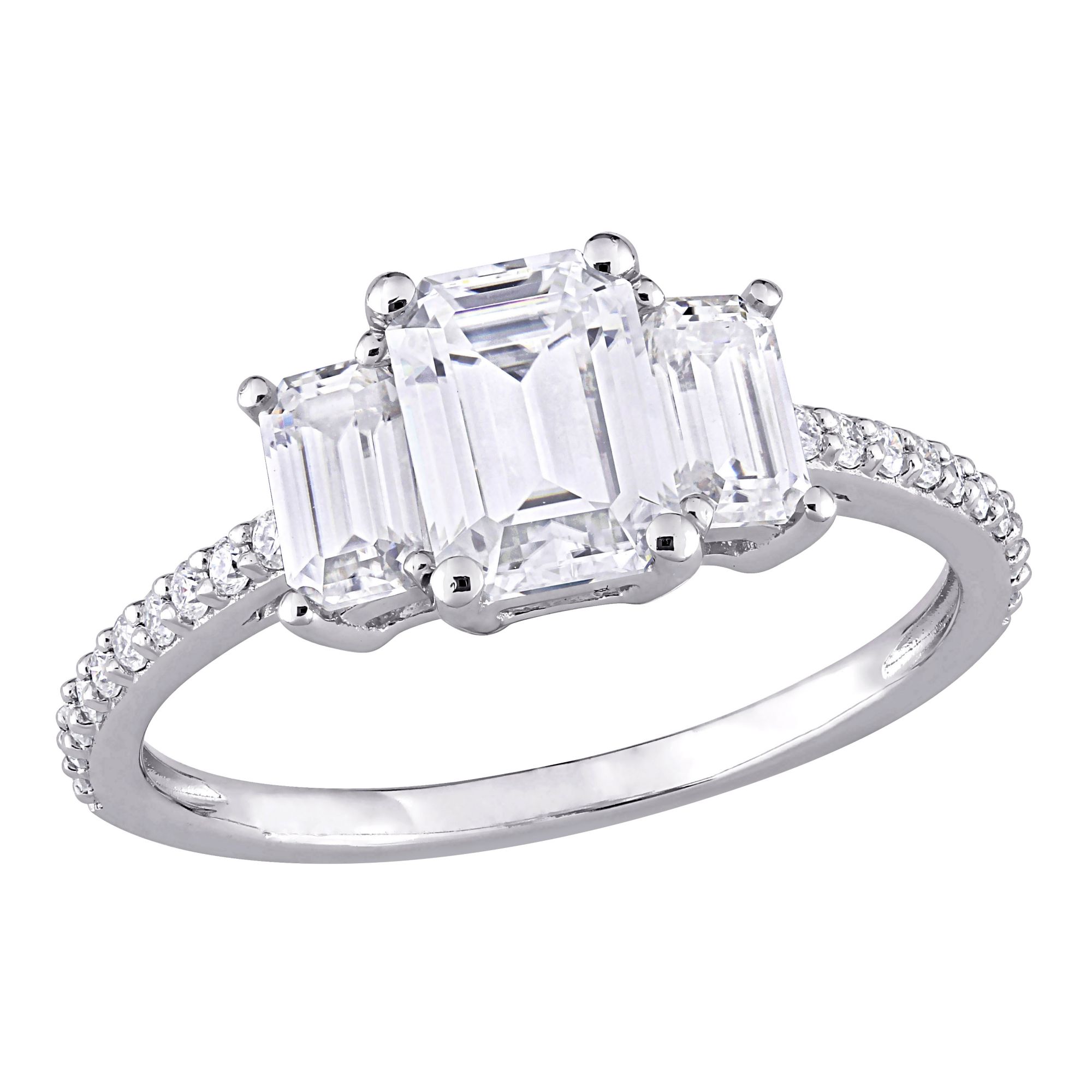 1.75 ct. DEW Created Moissanite Emerald Cut 3-Stone Engagement Ring in 10k White Gold - Size 9