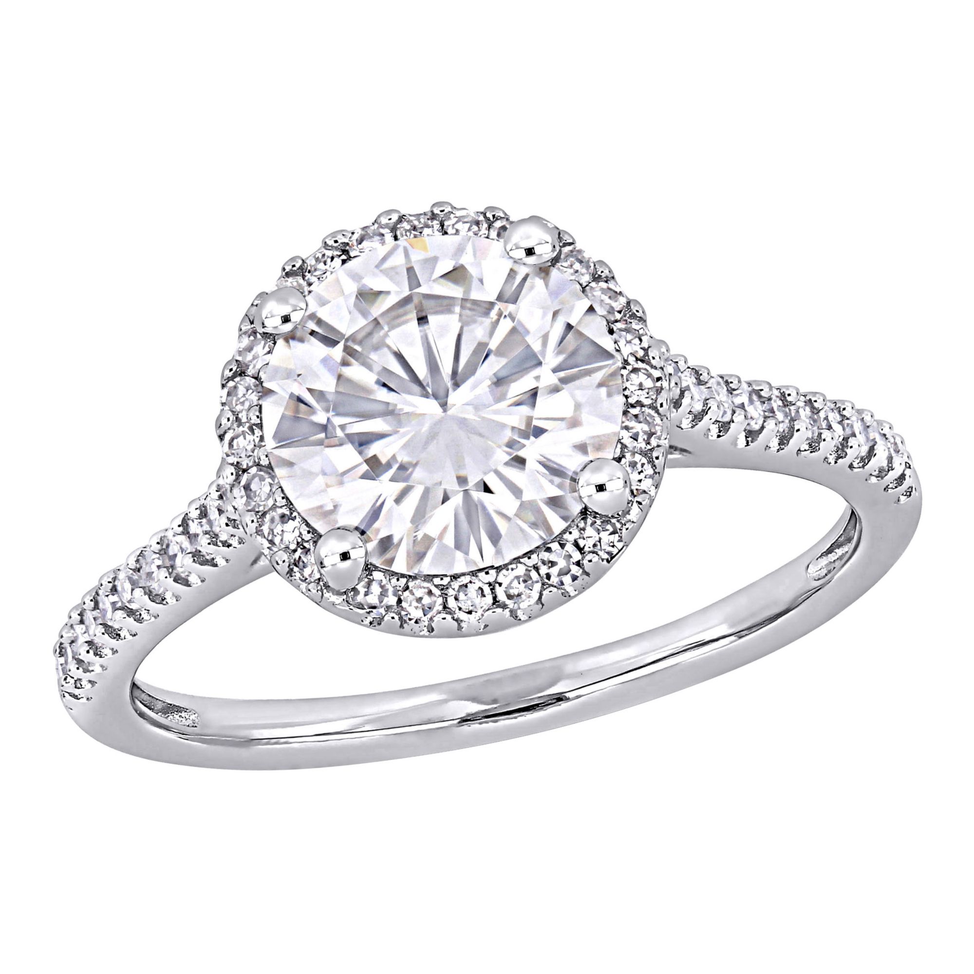 2 ct. DEW Created Moissanite and .25 ct. t.w. Diamond Halo Engagement Ring in 14k White Gold - Size 6