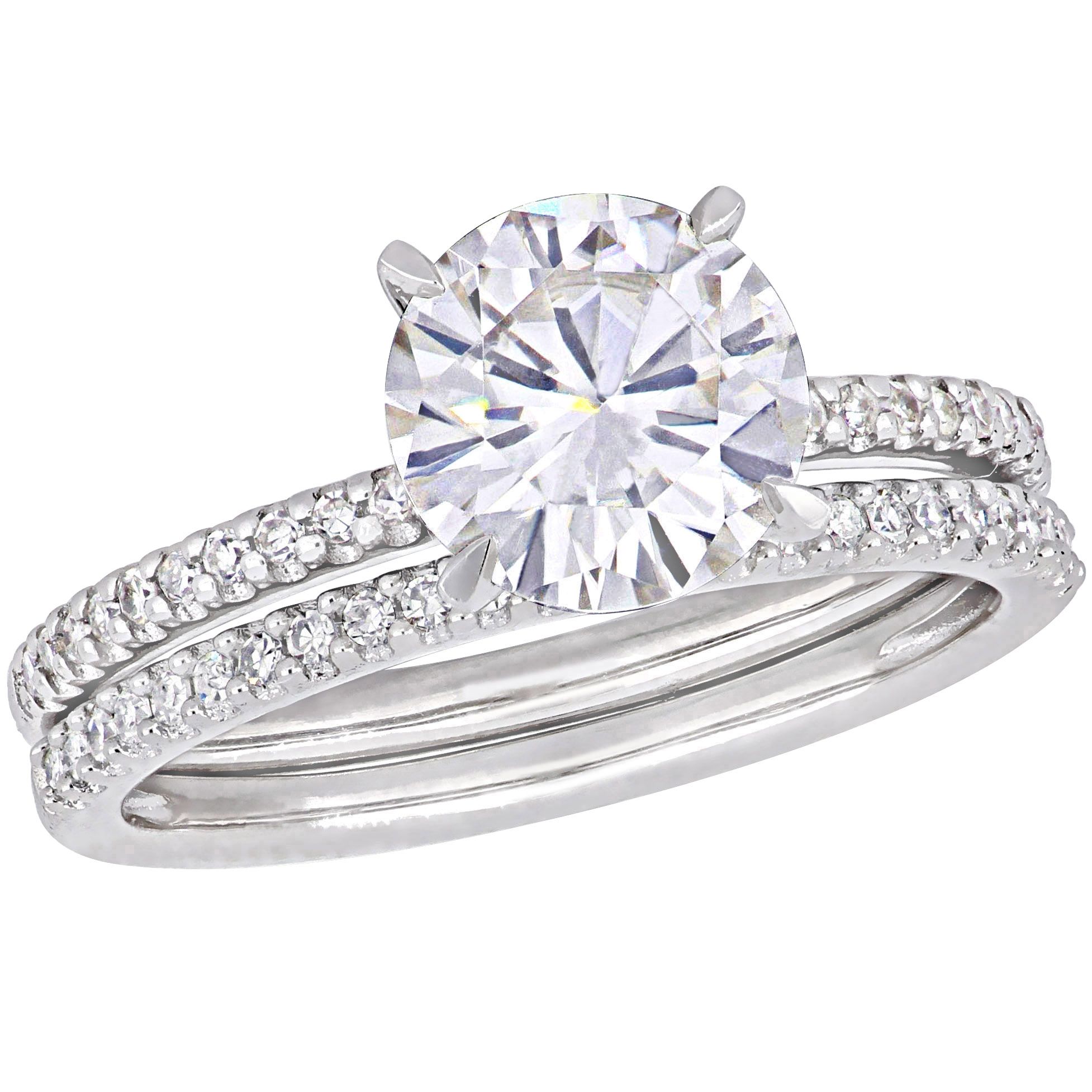2 ct. DEW Created Moissanite and .25 ct. t.w. Diamond Bridal Set in 14k White Gold - Size 5