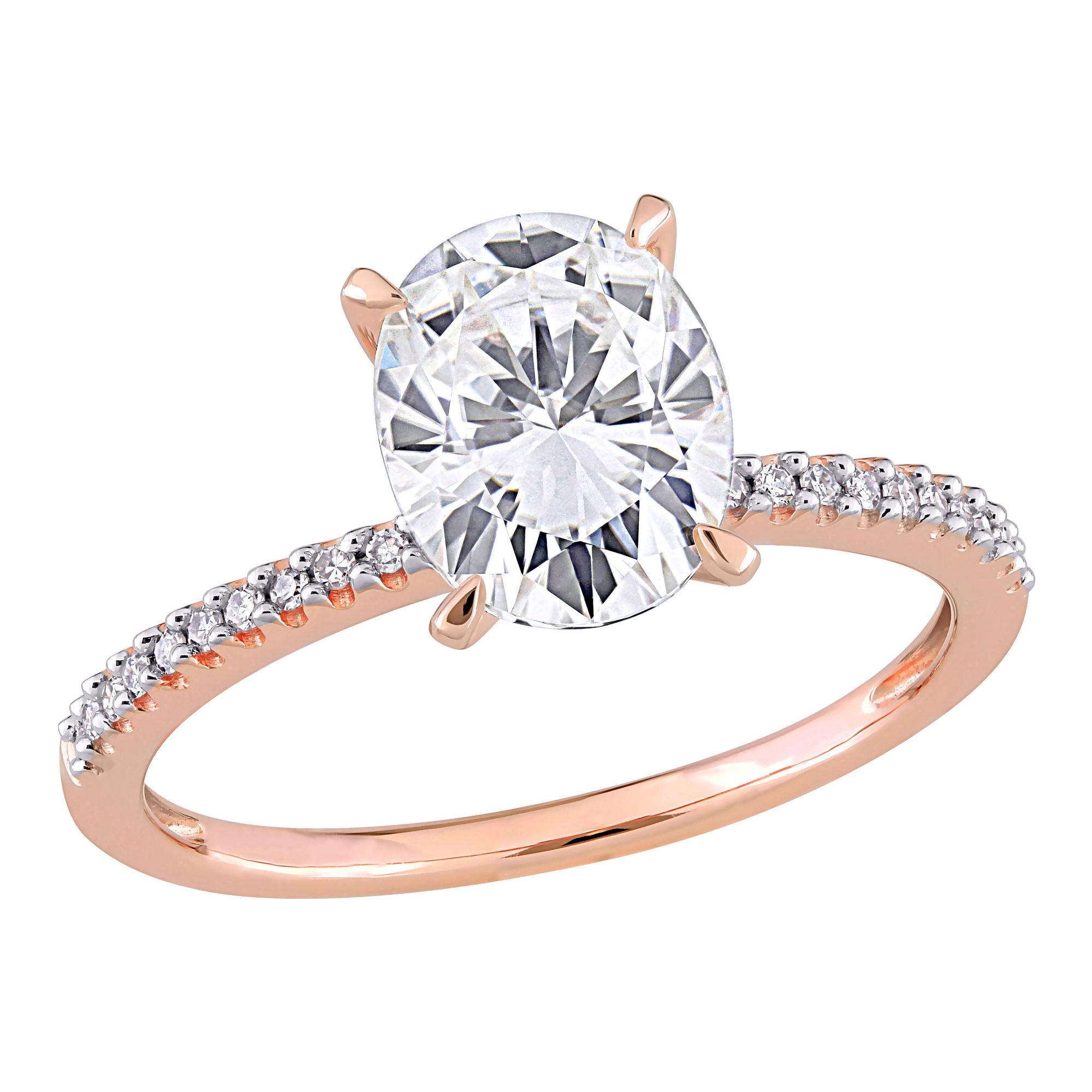 2 ct. DEW Created Moissanite and .1 ct. t.w. Diamond Oval Engagement Ring in 14k Rose Gold - Size 6