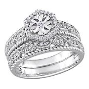 0.25 ct. t.w. Diamond Hexagon Halo Bridal Ring Set in Sterling Silver - Size 5