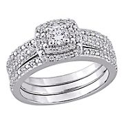 0.5 ct. t.w. Diamond Cushion Shape Double Halo 3 pc. Bridal Set in Sterling Silver - Size 8