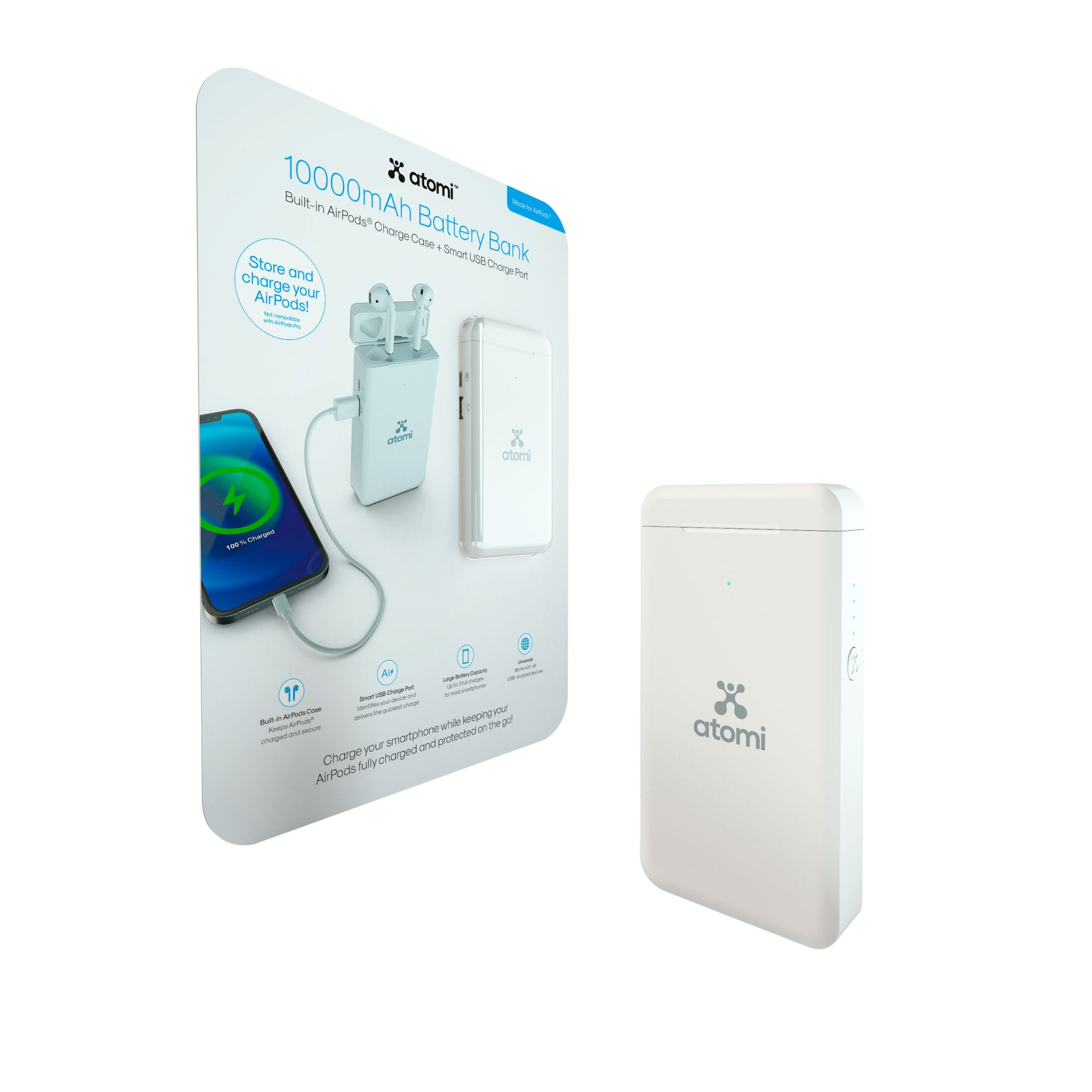 Atomi 10000mAh Battery Bank with Built-In AirPods Charge Case and Smart USB Charge Port