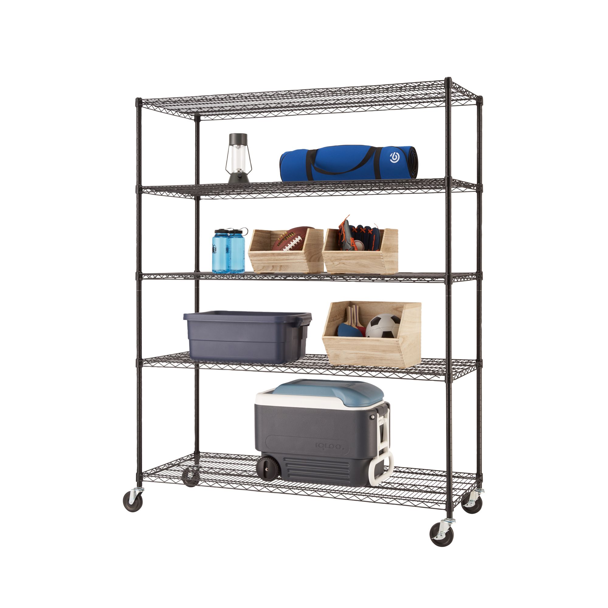 Trinity Basics 5-Tier Wire Shelving, NSF, with Wheels - Black