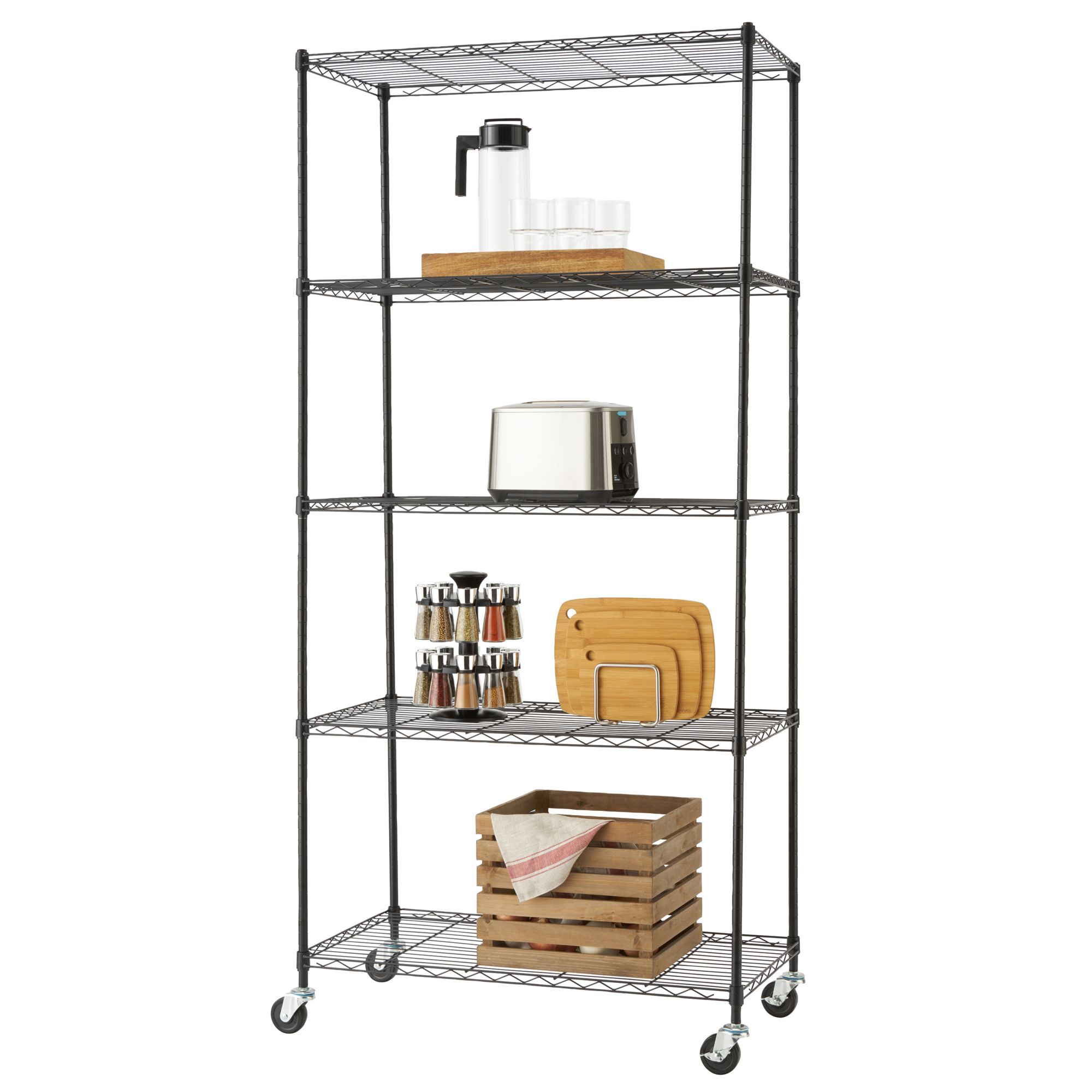 Trinity Basics 5-Tier Wire Shelving, NSF, with Wheels - Black