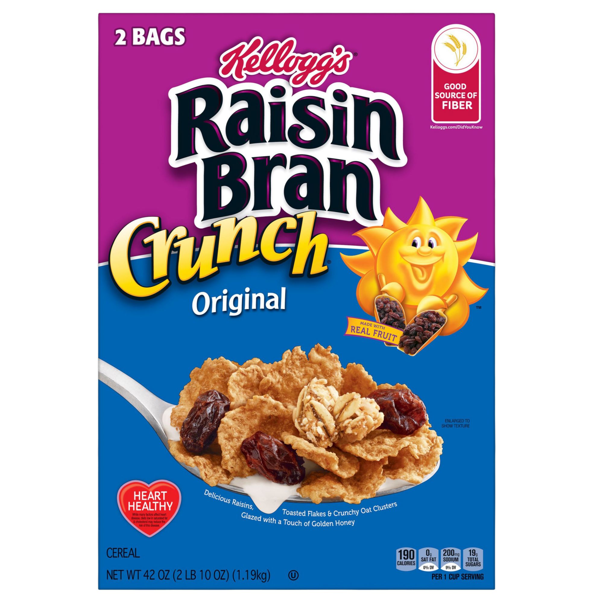Kellogg's Raisin Bran Crunch Breakfast Cereal with Fiber, 2 pk.