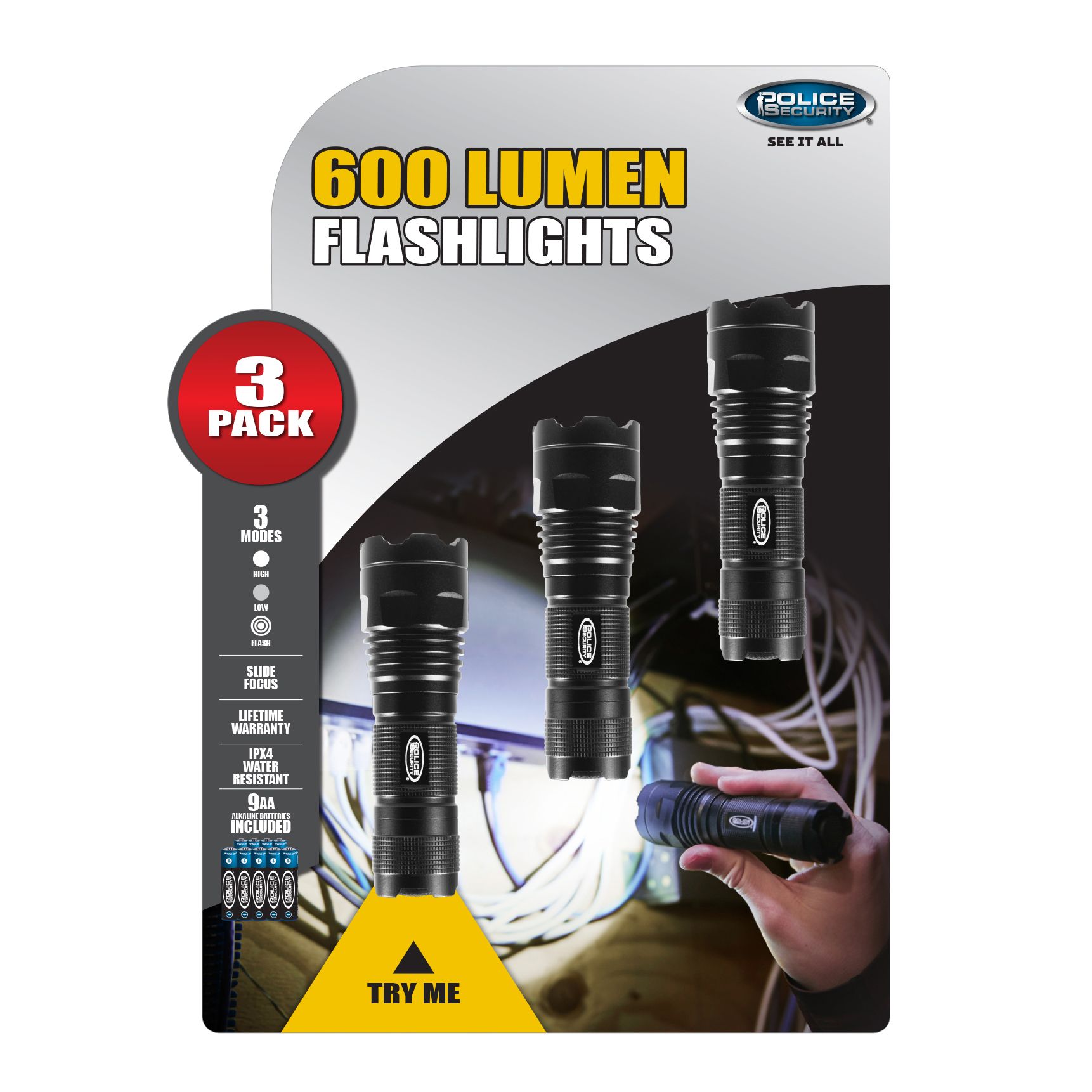 Police Security 600-Lumen Flashlights, 3 pk.